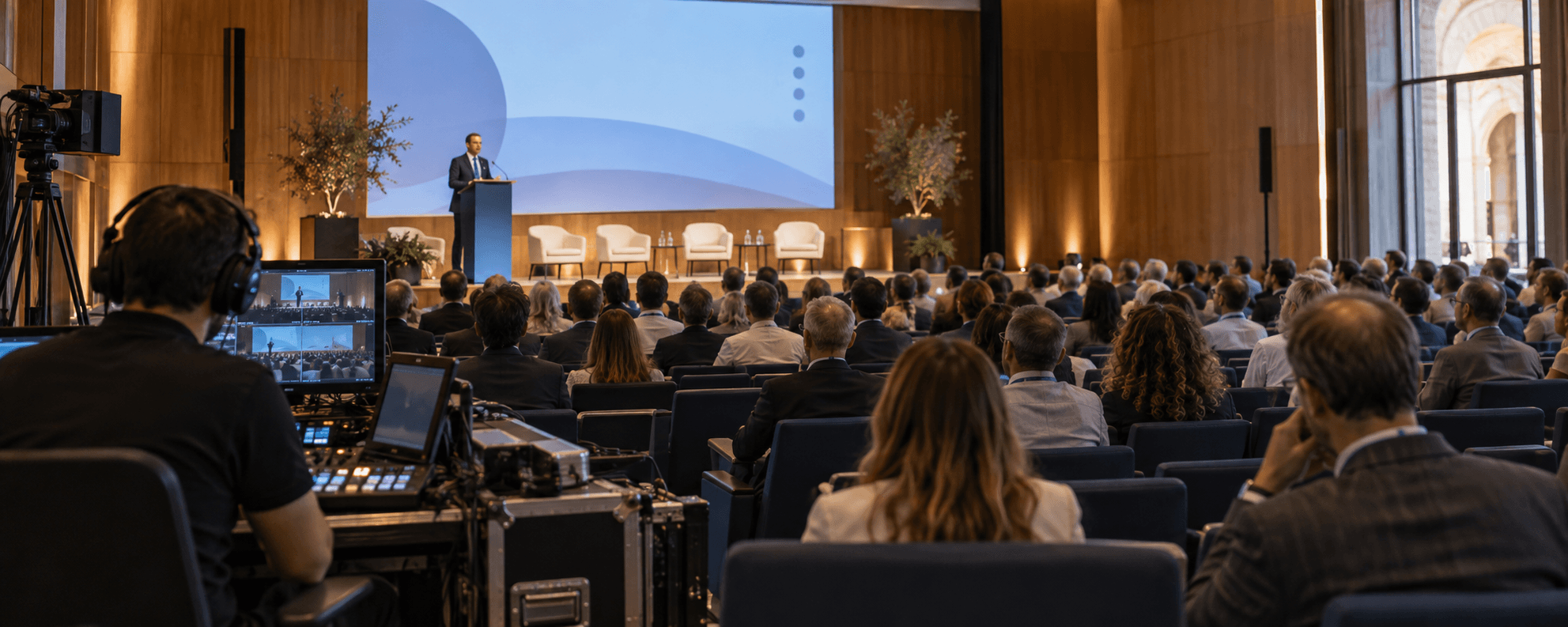 Sala congressi con pubblico, relatore sul palco e postazione di regia